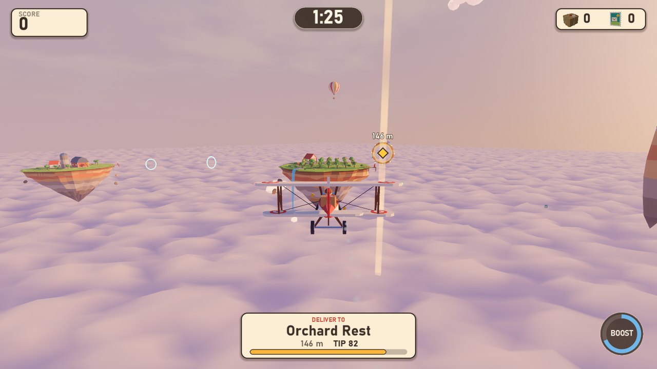 The finished game: the biplane over the cloud sea, flying toward Orchard Rest.